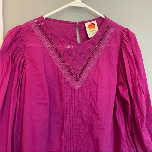 FARM Rio Anthropologie "Kelsie" Magenta V-Neck Boho Colorful Puff Sleeve Blouse - Picture 4 of 15